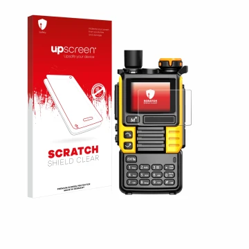 Parte frontal de un envase de producto con el logotipo de la marca upscreen. Al lado se muestra el dispositivo Quansheng UV-K5