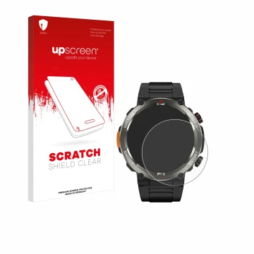 Parte frontal de un envase de producto con el logotipo de la marca upscreen. Al lado se muestra el dispositivo Blackview W50 P
