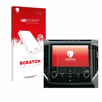 Parte frontal de un envase de producto con el logotipo de la marca upscreen. Al lado se muestra el dispositivo Subaru Forester