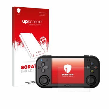 Parte frontal de un envase de producto con el logotipo de la marca upscreen. Al lado se muestra el dispositivo Magicx Mini Zer