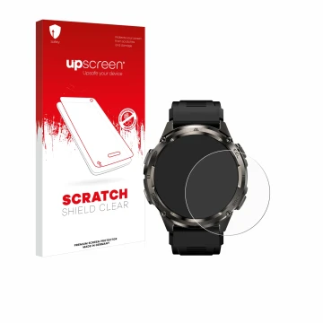 Parte frontal de un envase de producto con el logotipo de la marca upscreen. Al lado se muestra el dispositivo Kospet Tank T3 