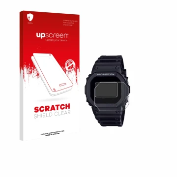 Parte frontal de un envase de producto con el logotipo de la marca upscreen. Al lado se muestra el dispositivo Casio G-Shock D