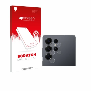 Parte frontal de un envase de producto con el logotipo de la marca upscreen. Al lado se muestra el dispositivo Samsung Galaxy 