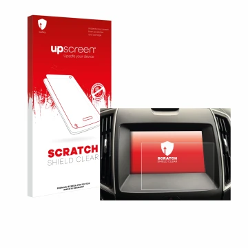 Parte frontal de un envase de producto con el logotipo de la marca upscreen. Al lado se muestra el dispositivo Ford Galaxy Inf