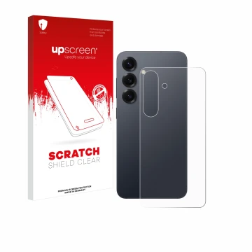 Parte frontal de un envase de producto con el logotipo de la marca upscreen. Al lado se muestra el dispositivo Samsung Galaxy 