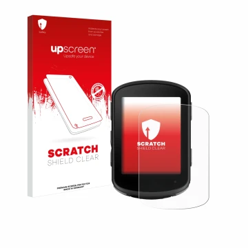Parte frontal de un envase de producto con el logotipo de la marca upscreen. Al lado se muestra el dispositivo Garmin Edge 540
