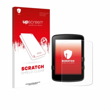 Parte frontal de un envase de producto con el logotipo de la marca upscreen. Al lado se muestra el dispositivo Bryton Rider 17