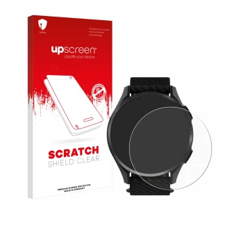 Parte frontal de un envase de producto con el logotipo de la marca upscreen. Al lado se muestra el dispositivo Garmin Approach