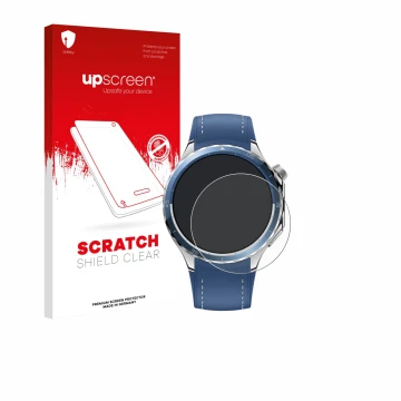 Parte frontal de un envase de producto con el logotipo de la marca upscreen. Al lado se muestra el dispositivo Oppo Watch X2 c
