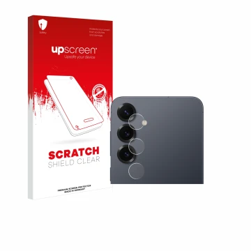 Parte frontal de un envase de producto con el logotipo de la marca upscreen. Al lado se muestra el dispositivo Samsung Galaxy 