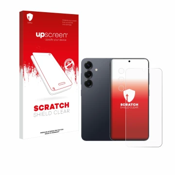 Parte frontal de un envase de producto con el logotipo de la marca upscreen. Al lado se muestra el dispositivo Samsung Galaxy 