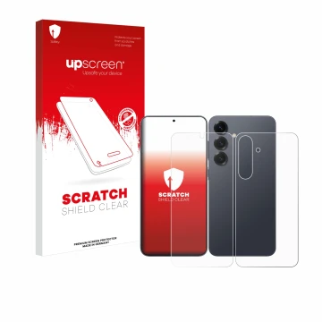 Parte frontal de un envase de producto con el logotipo de la marca upscreen. Al lado se muestra el dispositivo Samsung Galaxy 