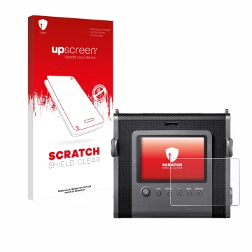 Parte frontal de un envase de producto con el logotipo de la marca upscreen. Al lado se muestra el dispositivo Fujifilm Instax