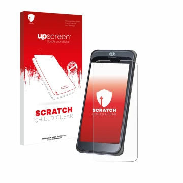 Parte frontal de un envase de producto con el logotipo de la marca upscreen. Al lado se muestra el dispositivo Orderman 10 con