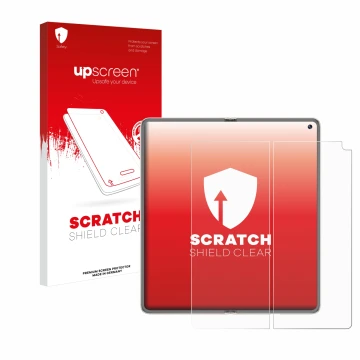 Parte frontal de un envase de producto con el logotipo de la marca upscreen. Al lado se muestra el dispositivo Huawei Mate X6 