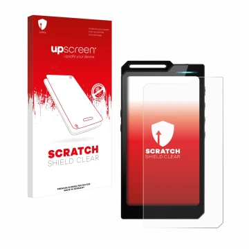 Parte frontal de un envase de producto con el logotipo de la marca upscreen. Al lado se muestra el dispositivo Hiby R4 con su 