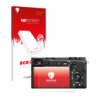 Parte frontal de un envase de producto con el logotipo de la marca upscreen. Al lado se muestra el dispositivo Sony Alpha 6100