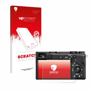 Parte frontal de un envase de producto con el logotipo de la marca upscreen. Al lado se muestra el dispositivo Sony Alpha 6400