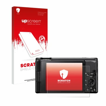 Parte frontal de un envase de producto con el logotipo de la marca upscreen. Al lado se muestra el dispositivo Sony ZV-1A con 
