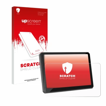 Parte frontal de un envase de producto con el logotipo de la marca upscreen. Al lado se muestra el dispositivo Carpuride W712D