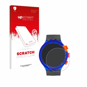 Parte frontal de un envase de producto con el logotipo de la marca upscreen. Al lado se muestra el dispositivo Swatch Neon Par