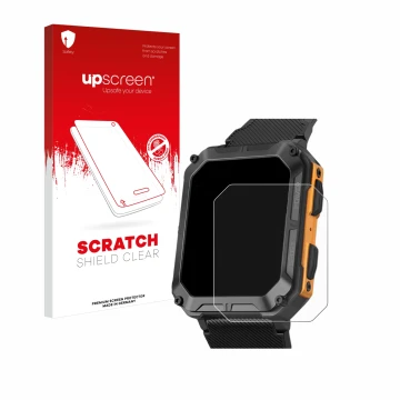 Parte frontal de un envase de producto con el logotipo de la marca upscreen. Al lado se muestra el dispositivo Stahlgear Thor 