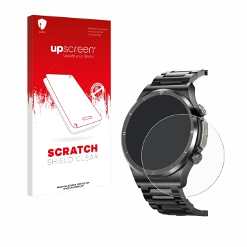 Parte frontal de un envase de producto con el logotipo de la marca upscreen. Al lado se muestra el dispositivo Banlvs Smartwat
