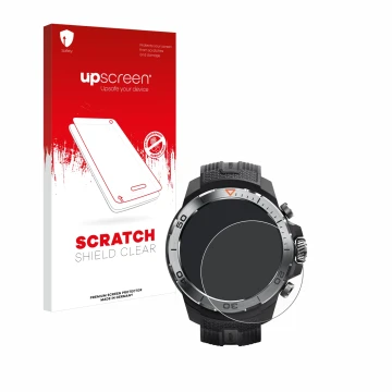 Parte frontal de un envase de producto con el logotipo de la marca upscreen. Al lado se muestra el dispositivo Xiaomi Mibro GS