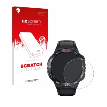 Parte frontal de un envase de producto con el logotipo de la marca upscreen. Al lado se muestra el dispositivo Xiaomi Mibro GS