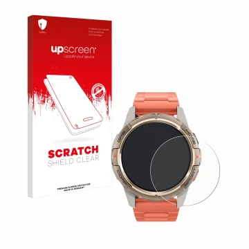 Parte frontal de un envase de producto con el logotipo de la marca upscreen. Al lado se muestra el dispositivo Xiaomi Mibro GS