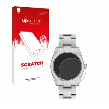 Parte frontal de un envase de producto con el logotipo de la marca upscreen. Al lado se muestra el dispositivo Rolex Oyster Pe