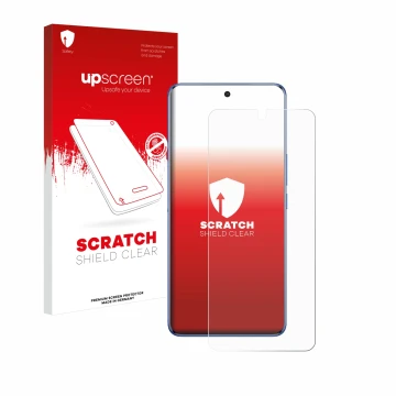 Parte frontal de un envase de producto con el logotipo de la marca upscreen. Al lado se muestra el dispositivo Vivo V50 con su