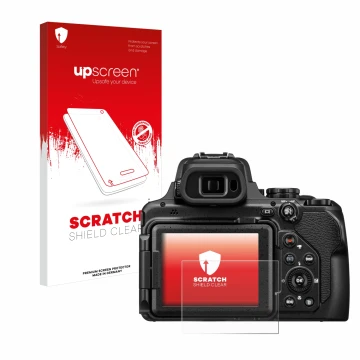 Parte frontal de un envase de producto con el logotipo de la marca upscreen. Al lado se muestra el dispositivo Nikon Coolpix P