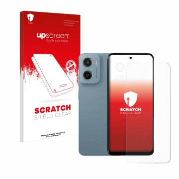 Parte frontal de un envase de producto con el logotipo de la marca upscreen. Al lado se muestra el dispositivo Motorola Moto E