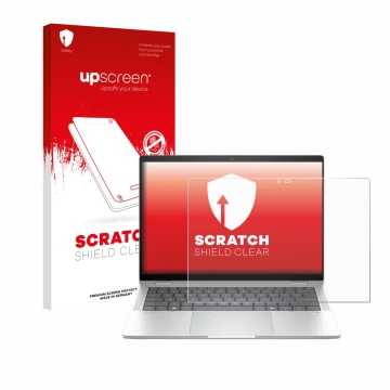 Parte frontal de un envase de producto con el logotipo de la marca upscreen. Al lado se muestra el dispositivo HP EliteBook X 