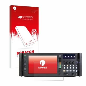 Parte frontal de un envase de producto con el logotipo de la marca upscreen. Al lado se muestra el dispositivo Behringer Wing 