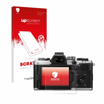 Parte frontal de un envase de producto con el logotipo de la marca upscreen. Al lado se muestra el dispositivo OM System OM-3 