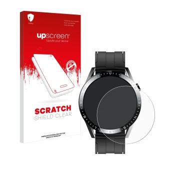 Parte frontal de un envase de producto con el logotipo de la marca upscreen. Al lado se muestra el dispositivo Tracer Smartwat