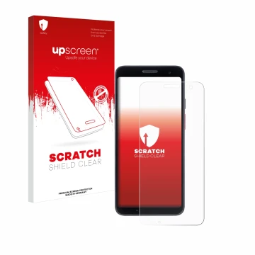 Parte frontal de un envase de producto con el logotipo de la marca upscreen. Al lado se muestra el dispositivo Honeywell CT37 
