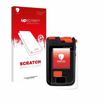 Parte frontal de un envase de producto con el logotipo de la marca upscreen. Al lado se muestra el dispositivo Mammut Barryvox