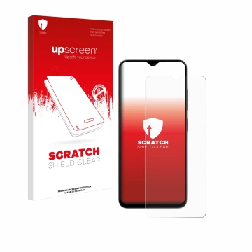Parte frontal de un envase de producto con el logotipo de la marca upscreen. Al lado se muestra el dispositivo ZTE Blade A35e 
