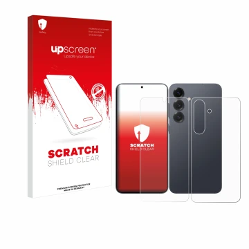 Parte frontal de un envase de producto con el logotipo de la marca upscreen. Al lado se muestra el dispositivo Samsung Galaxy 