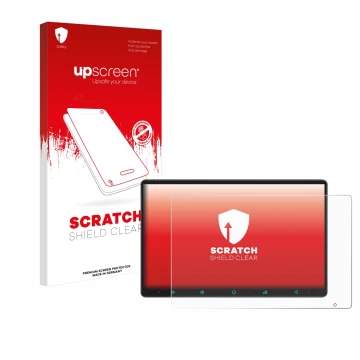 Parte frontal de un envase de producto con el logotipo de la marca upscreen. Al lado se muestra el dispositivo Joying Car Radi