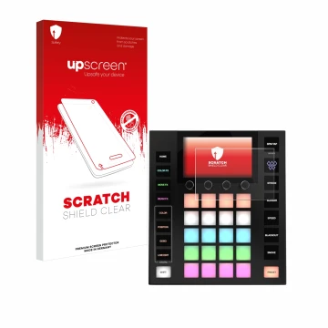 Parte frontal de un envase de producto con el logotipo de la marca upscreen. Al lado se muestra el dispositivo Wolfmix W1 MK2 