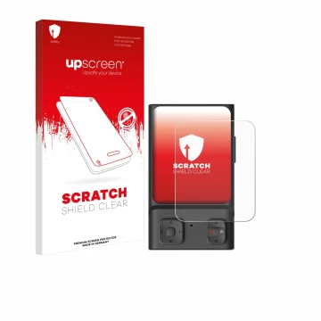 Parte frontal de un envase de producto con el logotipo de la marca upscreen. Al lado se muestra el dispositivo Hoverair Beacon