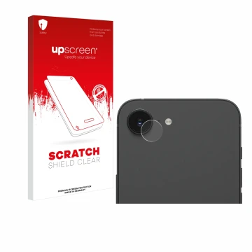 Parte frontal de un envase de producto con el logotipo de la marca upscreen. Al lado se muestra el dispositivo Apple iPhone 16