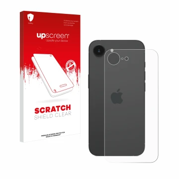 Parte frontal de un envase de producto con el logotipo de la marca upscreen. Al lado se muestra el dispositivo Apple iPhone 16