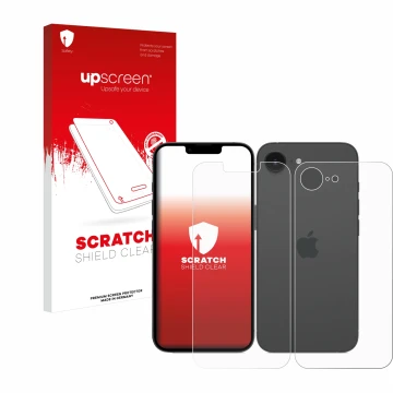 Parte frontal de un envase de producto con el logotipo de la marca upscreen. Al lado se muestra el dispositivo Apple iPhone 16