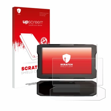 Parte frontal de un envase de producto con el logotipo de la marca upscreen. Al lado se muestra el dispositivo Honda NT 1100 2