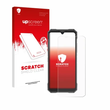 Parte frontal de un envase de producto con el logotipo de la marca upscreen. Al lado se muestra el dispositivo Doogee S200X co